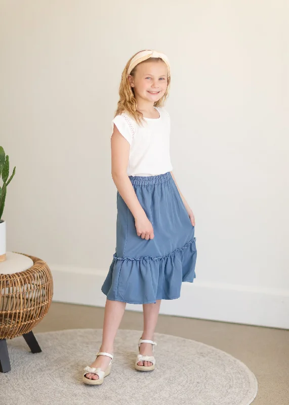 Girls Dusty Denim Ruffle Midi Skirt ruffled skirt detail