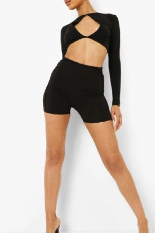 Black Long Sleeve Twist Front Crop Top Fashionable Trendy Casual