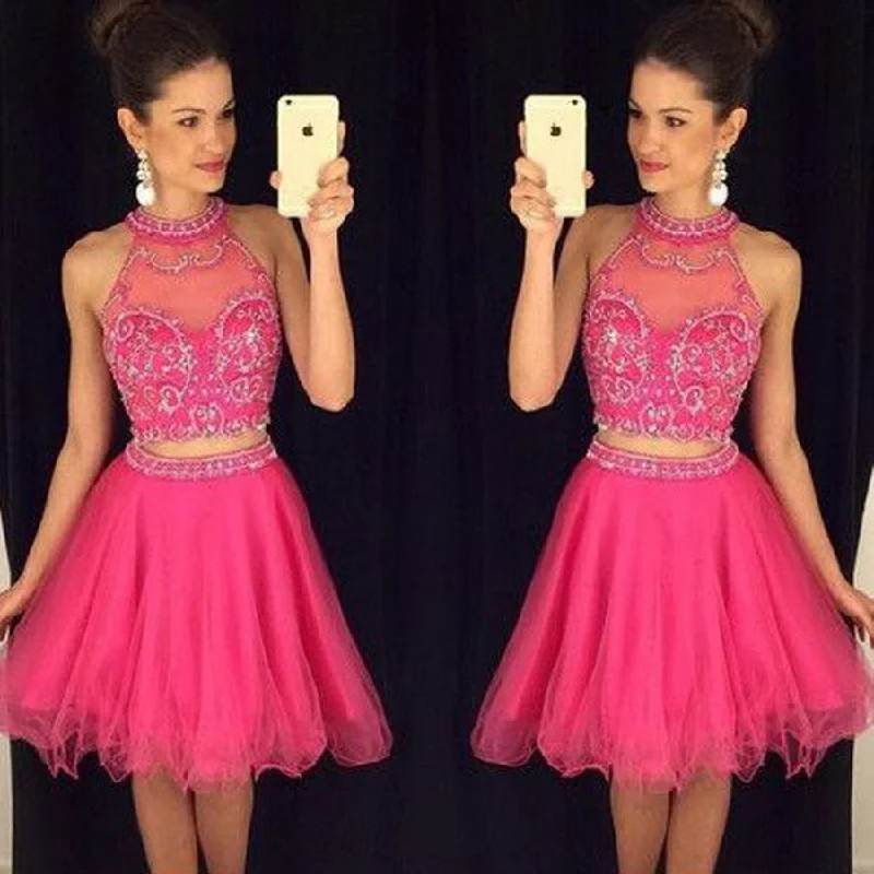 Popular rose red two pieces sparkly Crop Tops freshman for teens homecoming prom gown dress,BD00124 Notch Collar Peter Pan Collar Cowl Neck