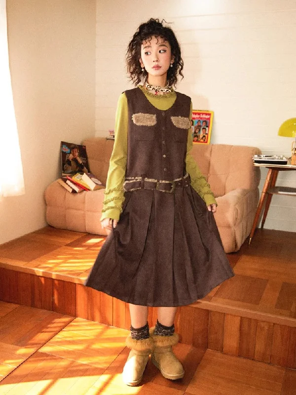Belted suede skirt【s0000010358】 elastic waist skirt