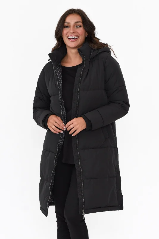 Camelia Black Puffer Jacket Tiered Jacket Buttoned Jacket Zippered Jacket