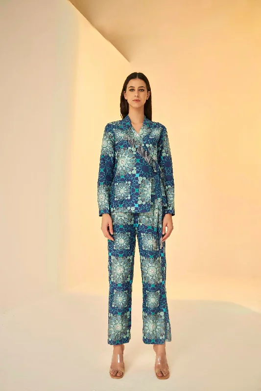 Blue-Wrap Jacket And Pants Set In Tashkent Print Fitted Jacket Loose Jacket Oversized Jacket