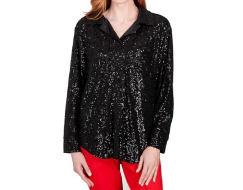 Sequin Snap-Front Shirt Jacket In Black Welt Pockets Slit Pockets Flap Pockets