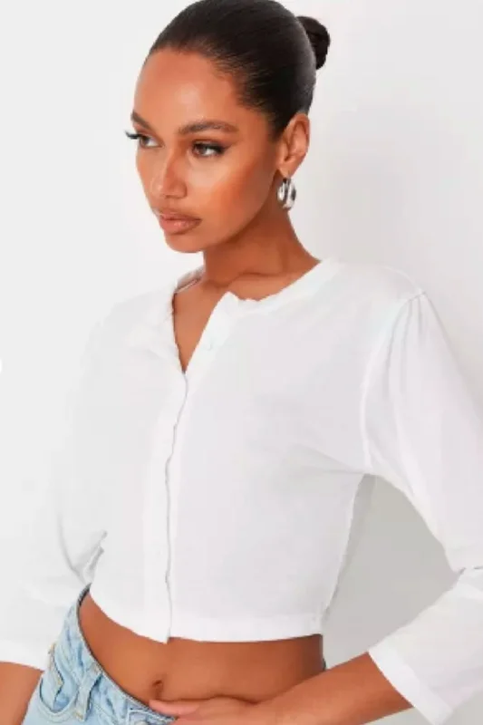 Button Front Long Sleeve Crop Top Rayon Velvet Corduroy