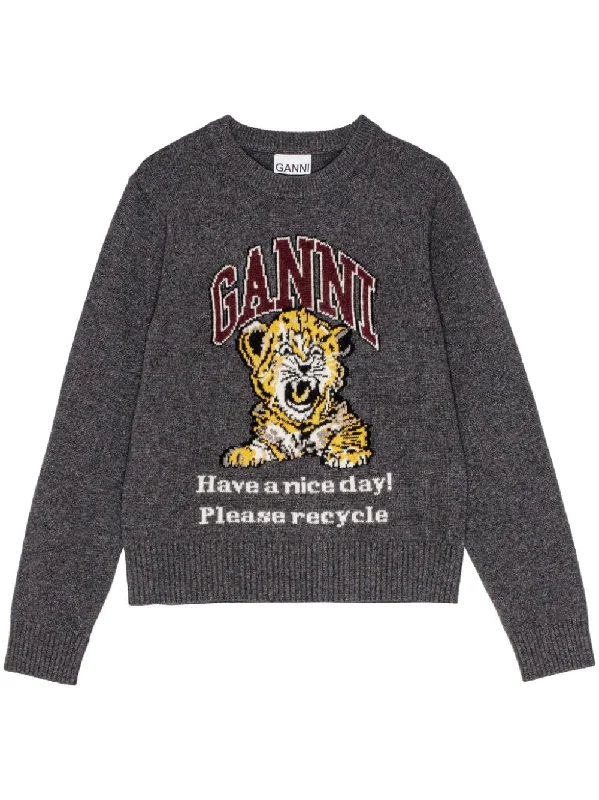 Ganni Women's Sweaters Grey Knit Fabric Woven Fabric Fleece Fabric