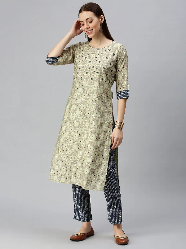 Women Straight Green Printed Kurta and Trousers-SKC3195-Green Trousers Velvet Soft