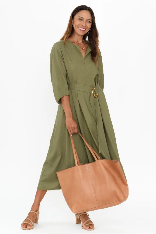 Shoreline Khaki Linen Blend Belted Dress