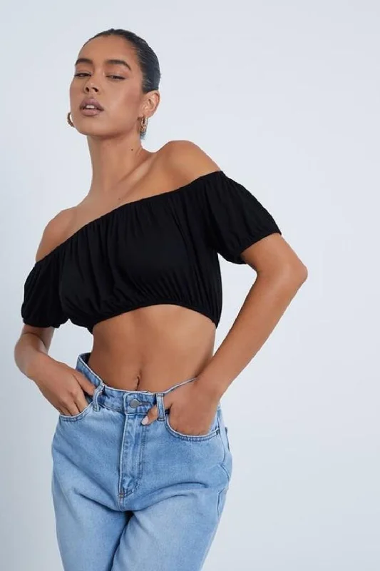 Off Shoulder Black Crop Top Boxy Fit Fitted Loose
