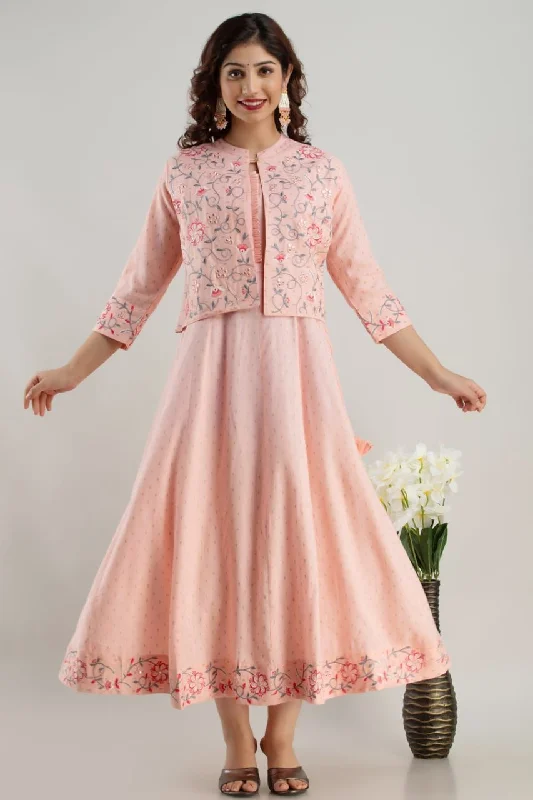 Pink Embroidered Cotton Anarkali with Jacket Fleece Fabric Down Fabric Feather Fabric