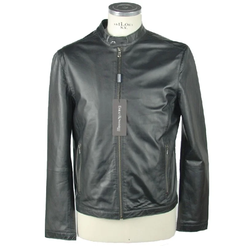 Sleek Leather Black Jacket Bomber Jacket Anorak Windbreaker