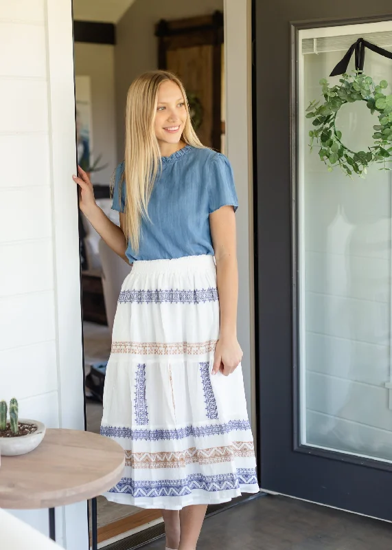 Ivory Embroidered Midi Skirt denim skirt stylish