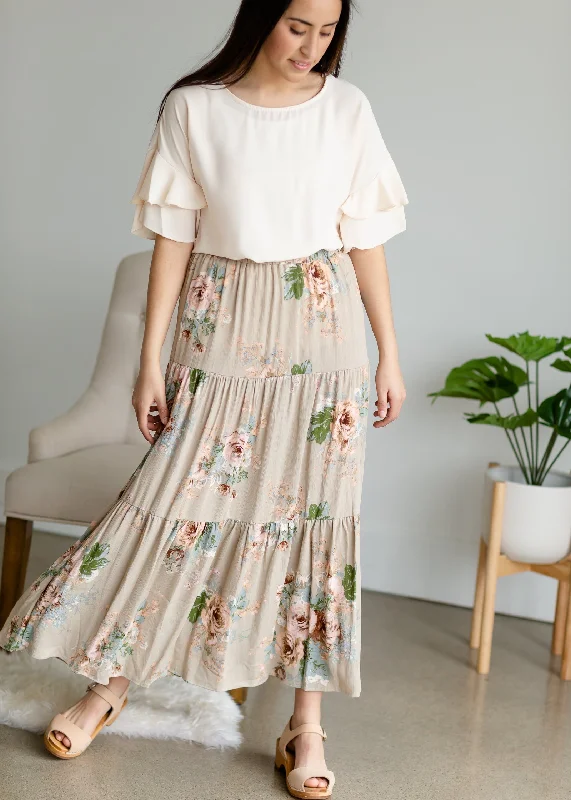Taupe Floral Print Tiered Skirt velvet skirt rich