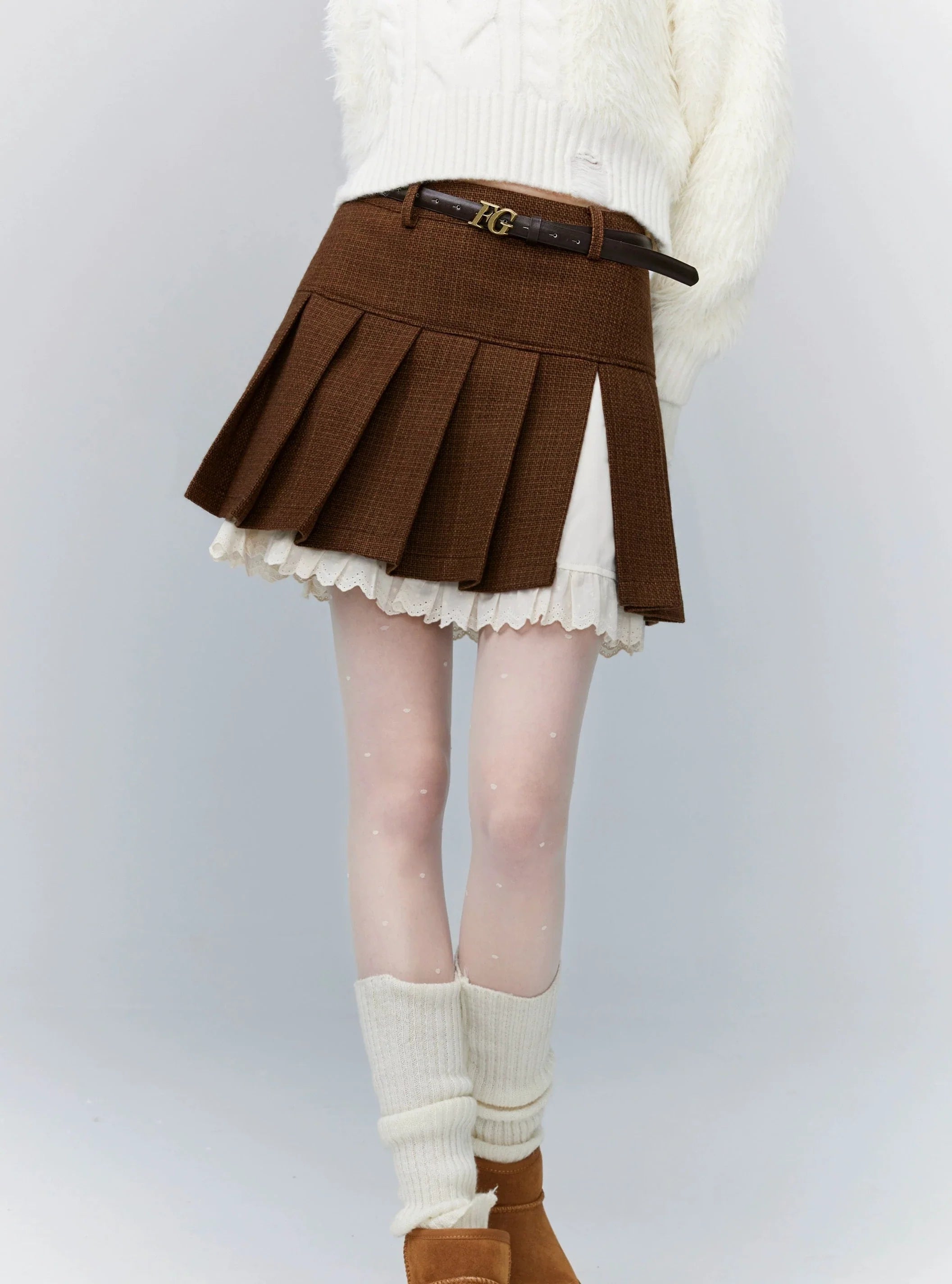 Brown Pleated Mini Skirt with White Lace Underskirt elastic waist skirt