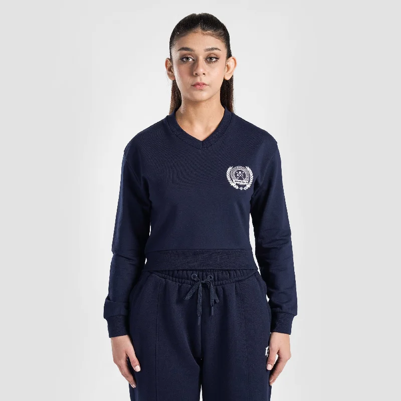 Victory Crop SweatShirt (Navy) Hoodie with Frayed Bohemian Relaxed