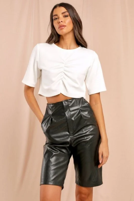 White Frill Detail In The Front Crop Top Collared Crop Top Boat Neck A-Line