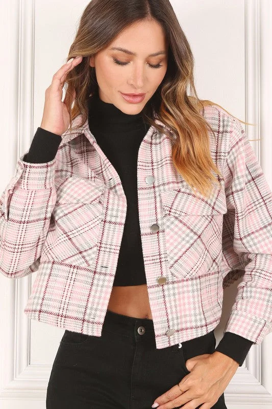 Cropped Pink Plaid Jacket Elasticated Jacket Padded Jacket Insulated Jacket