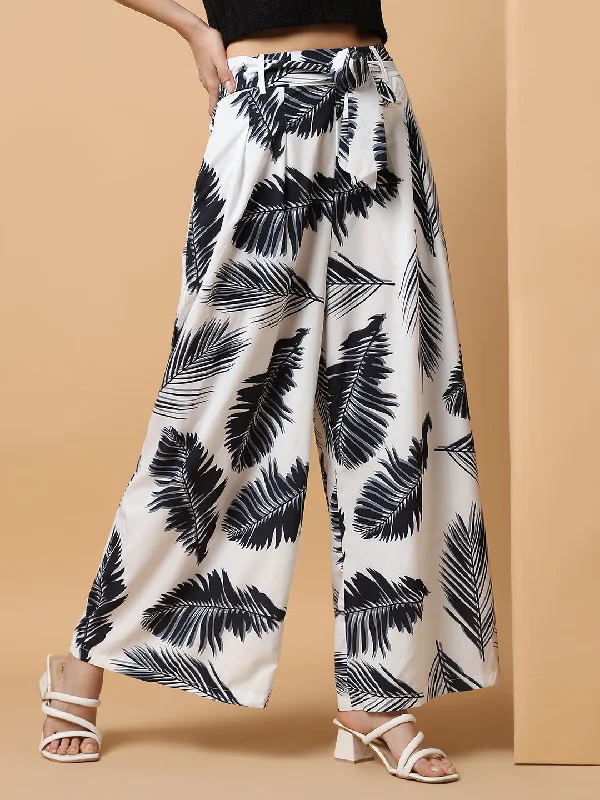 Women Floral Black Trouser with Belt-8121-Black Trousers Hiking Durable