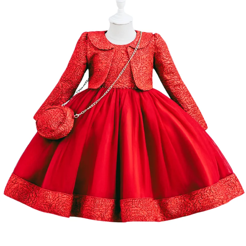 Elegant  Dress with Floral Lace Jacket Fleece Fabric Down Fabric Feather Fabric