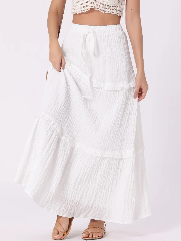 Tiered Belt Ruffle Lattice Texture Casual A-Line Maxi Skirt summer skirt style