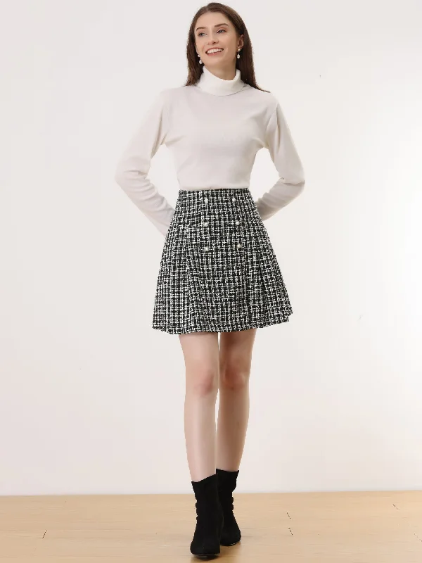High Waist A-Line Button Front Plaid Tweed Mini Skirt pleated skirt texture