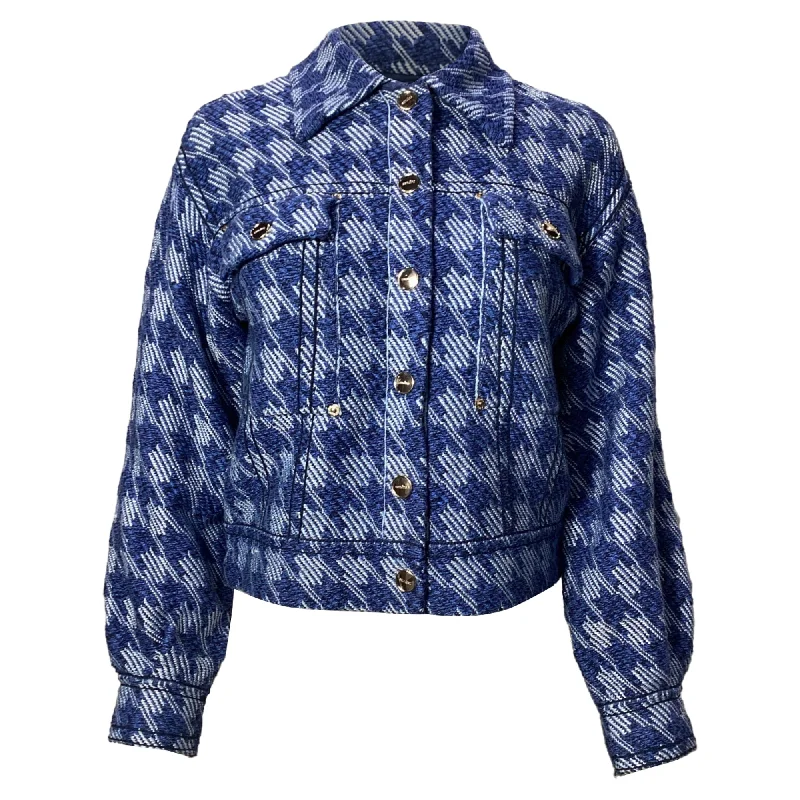 Sandor Balthazar Houndstooth Jacket In Blue Cotton Zip Front Button Front Snap Front Sandor Balthazar Houndstooth Jacket In Blue Cotton Zip Front Button Front Snap Front