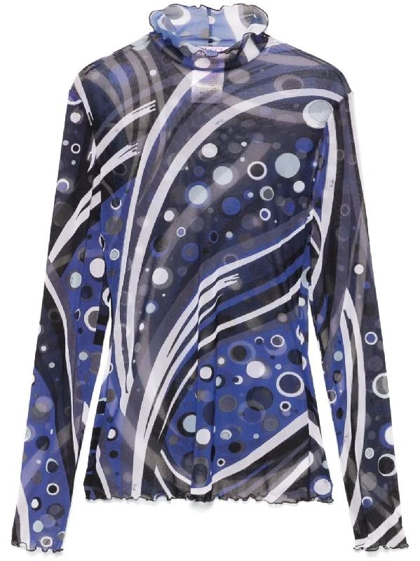 Pucci Women's Sweaters Blue Hooded Sweater Collared Sweater Shawl Collar