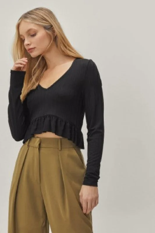 Ribbed Ruffle Hem Long Sleeve Crop Top Chenille Blend Fleece Blend Nylon Blend