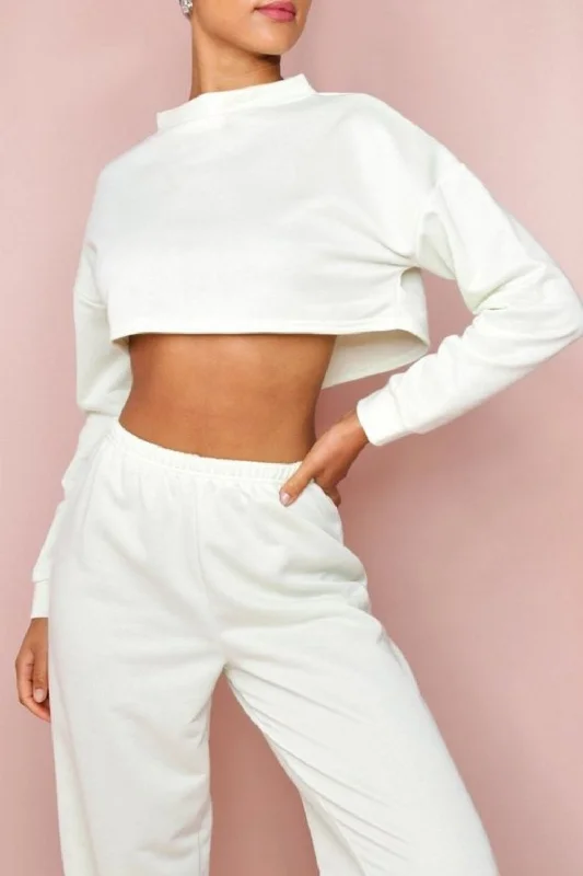 Boxy Fit White Crop Top Satin Blend Silk Blend Wool Blend