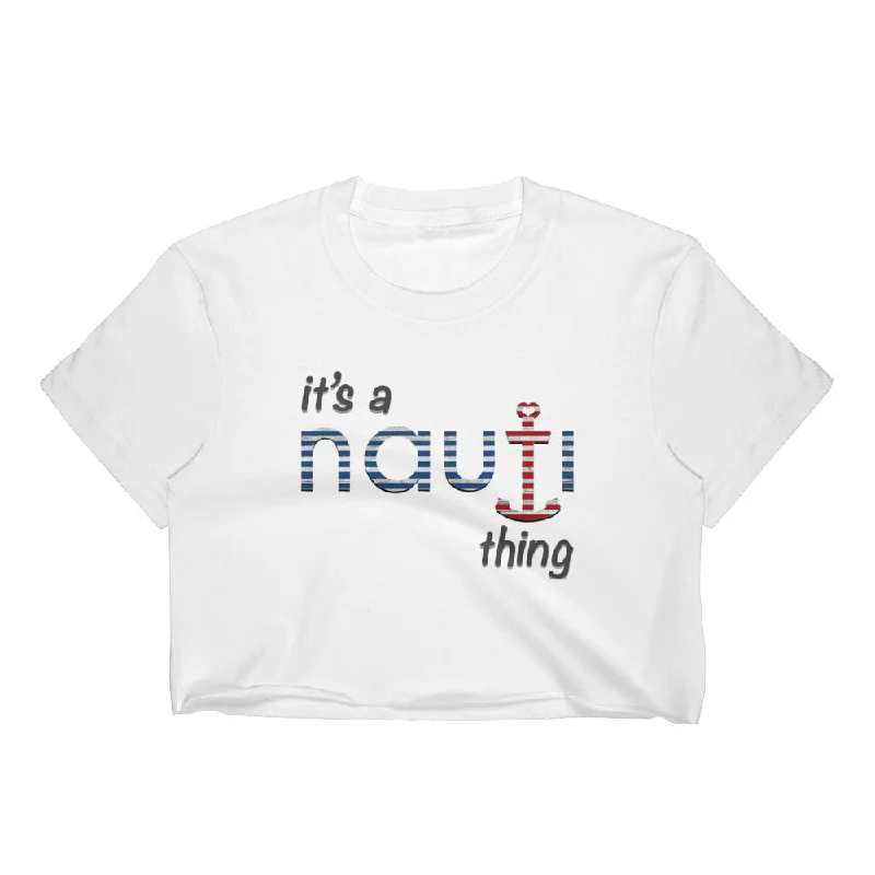 "it's a NAUTI thing" Woman's Anchor Crop Top in White Cotton Casual Formal Business