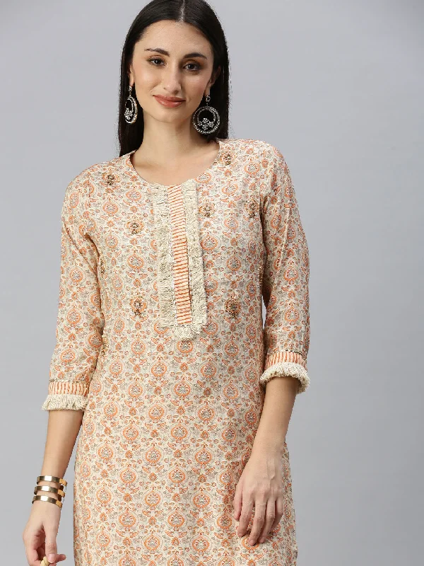 Women Straight Cream Printed Kurta and Trousers-CRL2280-Cream Trousers Denim Distressed Women Straight Cream Printed Kurta and Trousers-CRL2280-Cream Trousers Denim Distressed