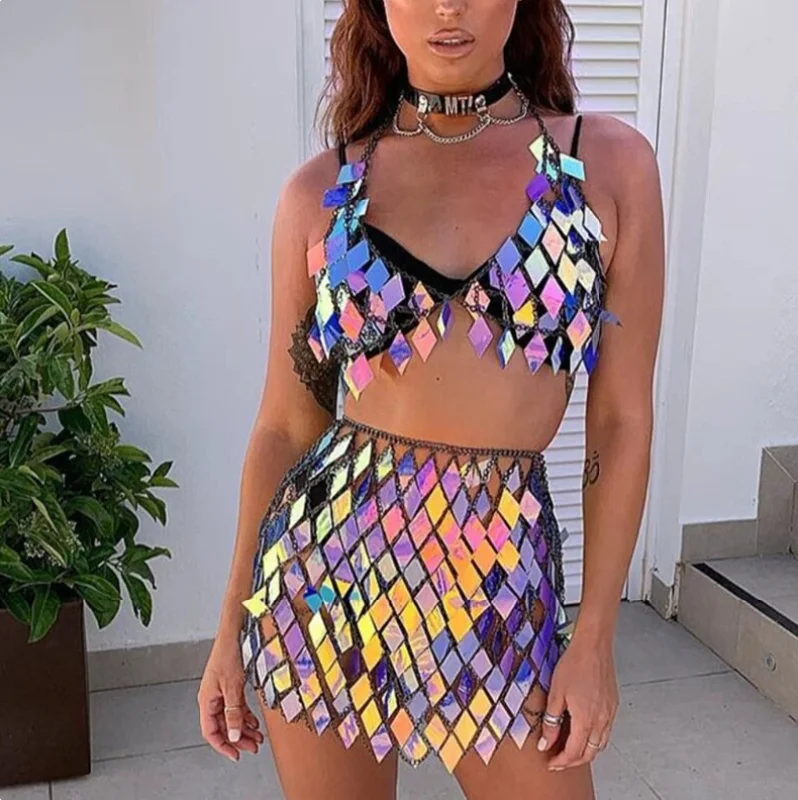 Two Piece Set Metal Chain Crop Top & Bottom - Glisten Rhombic Sequins Sexy Mini Skirt Summer Rave Festival Outfits (More colours!) Mesh Fabric Canvas Fabric Denim Fabric