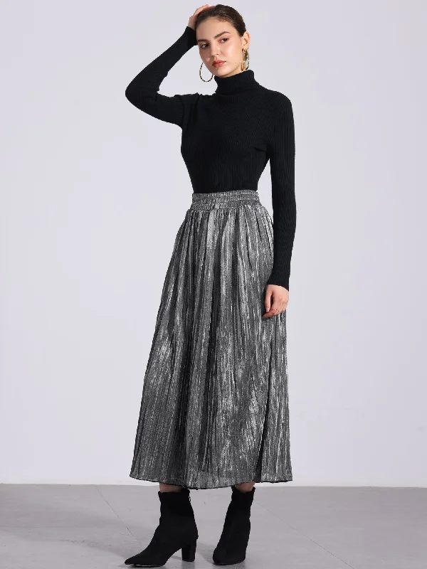 Metallic Shiny Glitter High Waist Flared Plaeted Midi Skirts linen skirt natural