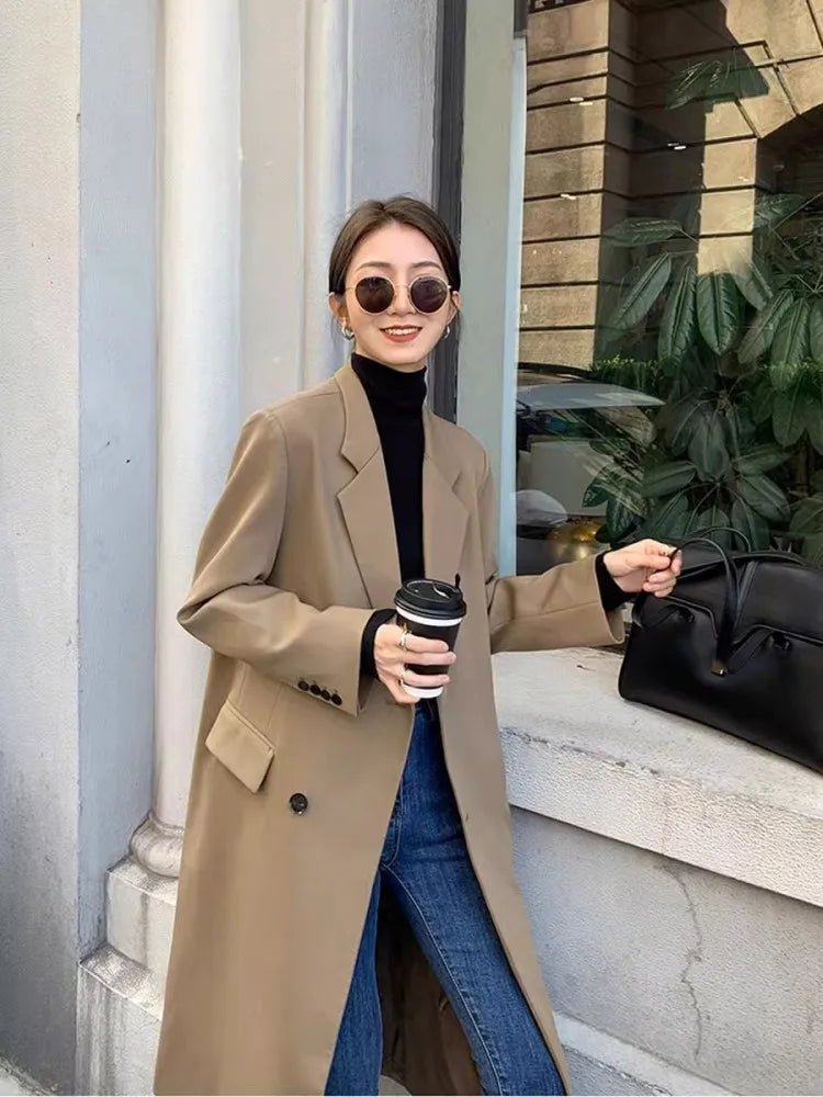Advbridge British Style Suit Windbreaker Jacket For Women, New Women's Spring And Autumn High-End Drape Mid Length Coat Cotton Fabric Linen Fabric Terry Fabric