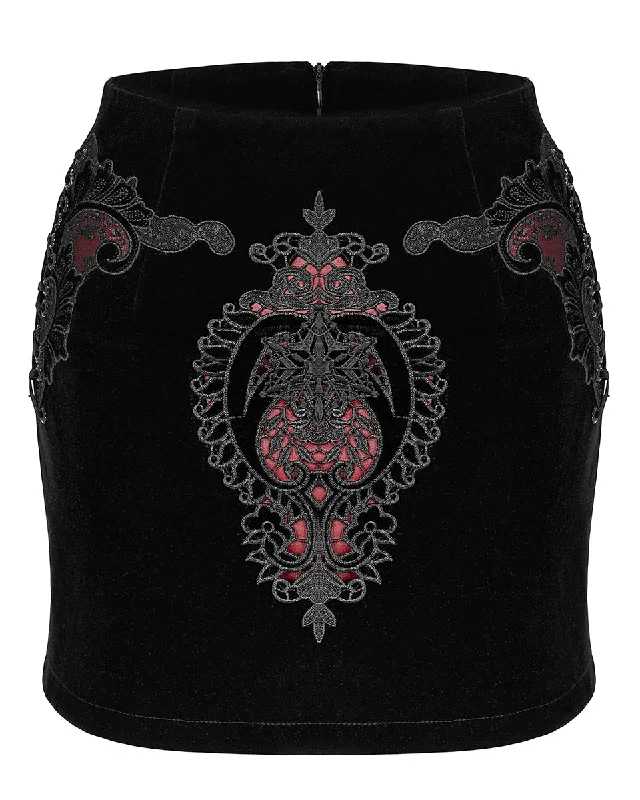 Punk Rave Womens Gothic Lace Applique Velvet Mini Skirt - Black & Red pleated skirt texture