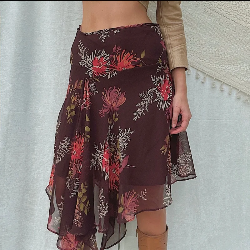 Women'S Retro Gothic Casual Floral Printing Mesh Irregular Skirt cashmere skirt fine
