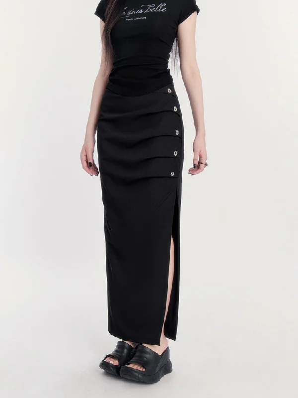 Button Side Split Maxi Skirt leather skirt refined