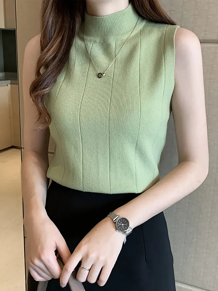 Women Knitted Green Tank Tops Women Thin Tops  Basic Casual Tank Tops O-neck Tees Sleeveless Tops For Women striped tank top