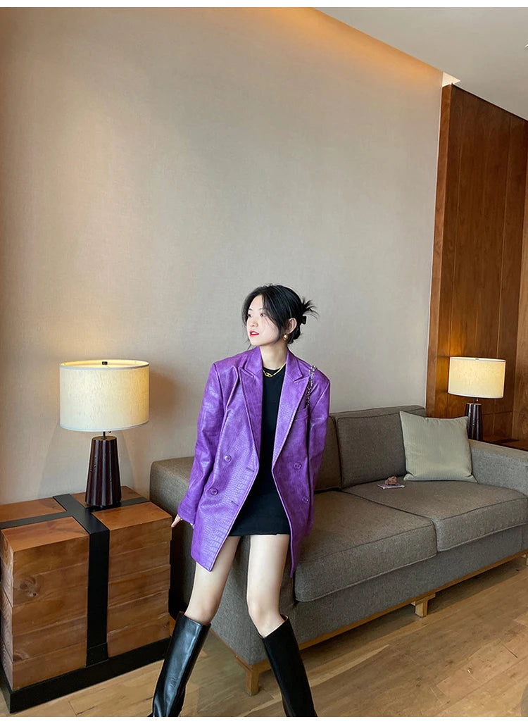 Advbridge Autumn Oversized Shiny Purple Crocodile Pattern Faux Leather Blazer Women Long Sleeve Double Breasted Y2K Jacket Fashion Embroidered Jacket Appliqued Jacket Beaded Jacket Advbridge Autumn Oversized Shiny Purple Crocodile Pattern Faux Leather Blazer Women Long Sleeve Double Breasted Y2K Jacket Fashion Embroidered Jacket Appliqued Jacket Beaded Jacket