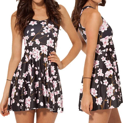 Cherry Blossom Black REVERSIBLE SKATER DRESS Women Summer Dress Cartoon Pleated Dress casual