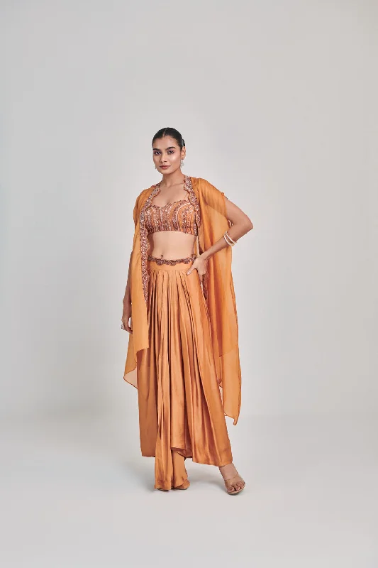 Mustard Cutowork Cape Skirt Set satin skirt smooth