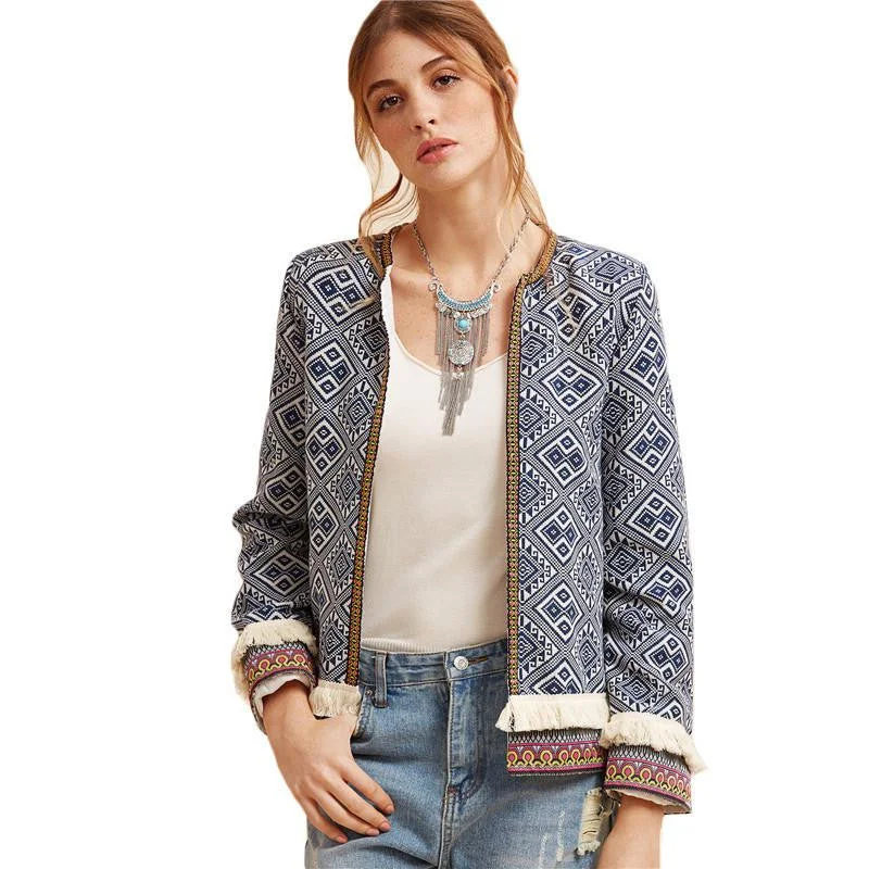 Vintage Short Jackets For Women Blue Collarless Long Sleeve Fringe Trim Tribal Jacket With Embroidered Tape Tiered Jacket Buttoned Jacket Zippered Jacket