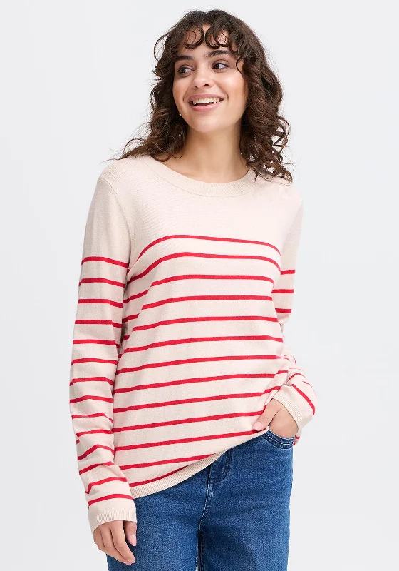 Fransa Melani Striped Knit Sweater, Beige and Red Print Jacquard Patchwork