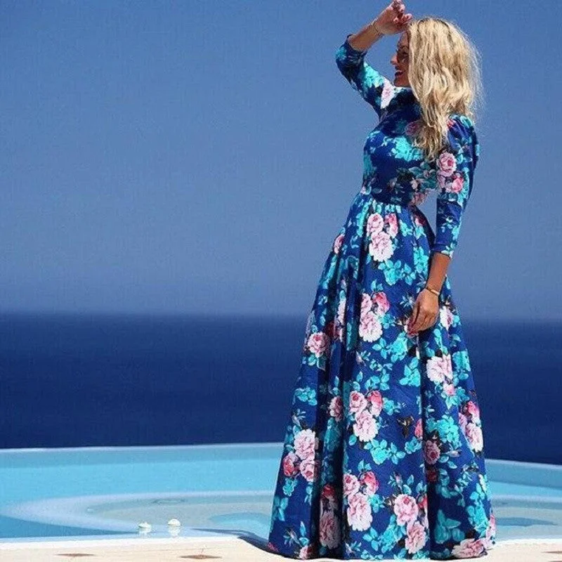 Summer Fashion Print Floral Long Dress 3/4 Sleeve Blue Plus Size Chiffon Bohemian Floor Length Dresses Vestidos de festa Summer Fashion Print Floral Long Dress 3/4 Sleeve Blue Plus Size Chiffon Bohemian Floor Length Dresses Vestidos de festa