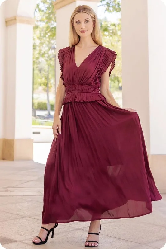 Strut & Bolt Sleeveless Pleated Long Satin Dress in Burgundy