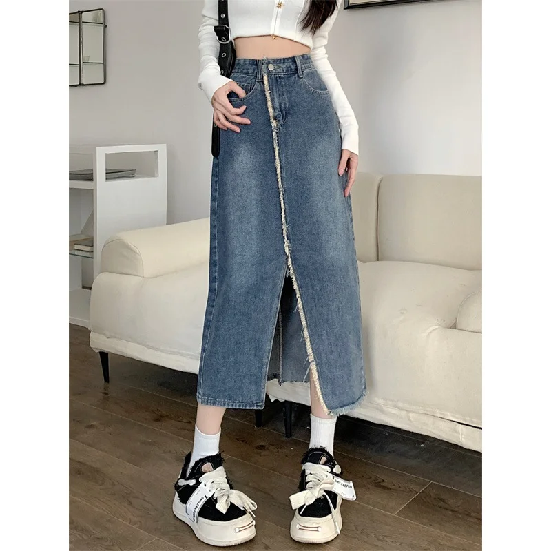 Women Fashion High Waist Slit Denim Skirt wool skirt sturdy