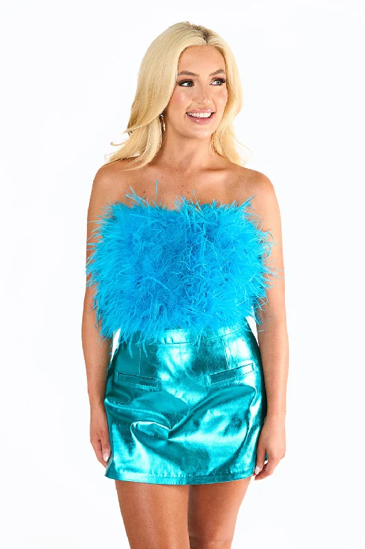 Fancy Strapless Feather Crop Top - Turquoise Beaded Sequined Faux Fur