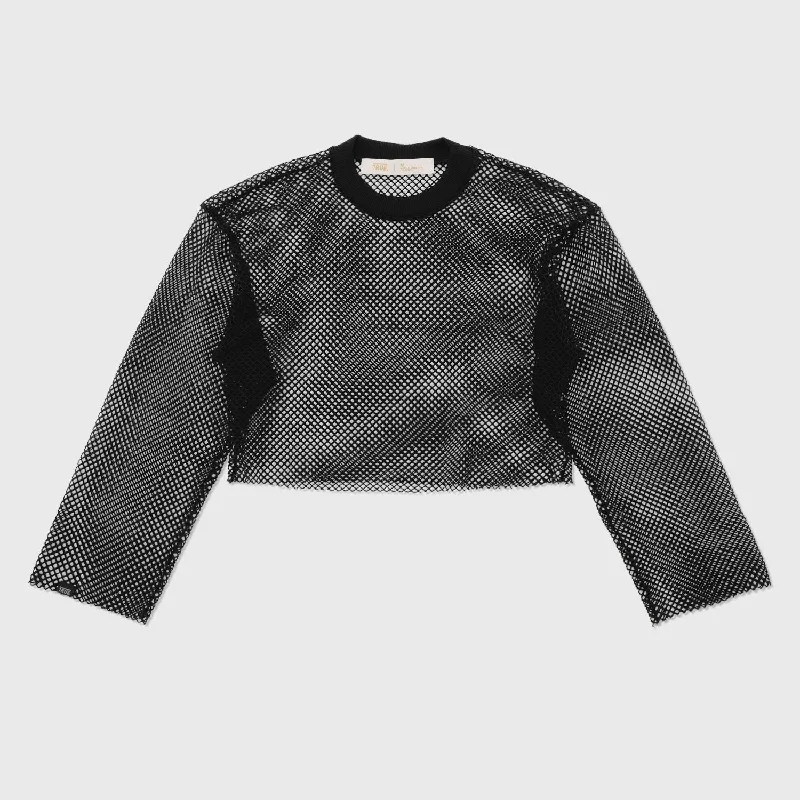 Mesh LS Crop Top - Black Boxy Fit Fitted Loose