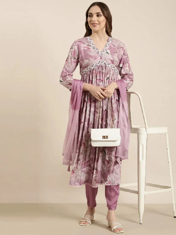 Women Anarkali Lavender Floral Kurta and Trousers Set Comes With Dupatta-BC-SK-1834-Lavender Trousers Polka Dot Cute