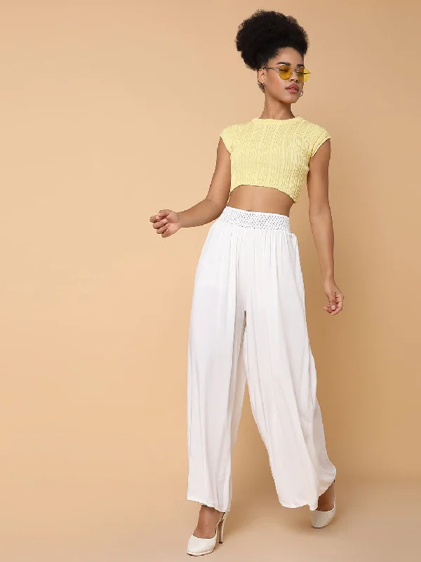 Women Solid White Loose Fit Trouser-1735-White Trousers stylish modern