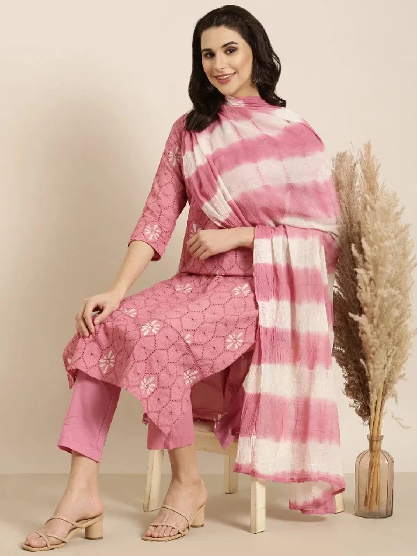 Women Straight Pink Woven Design Kurta and Trousers Set Comes With Dupatta-UB-2843-Pink Trousers Lace Delicate Women Straight Pink Woven Design Kurta and Trousers Set Comes With Dupatta-UB-2843-Pink Trousers Lace Delicate